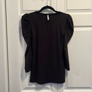 Black stretchy t-shirt material top with puff sleeves